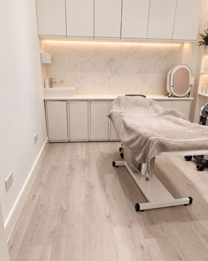A facial room at Pure Essentials London with a marble splashback and a skin analysis mirror